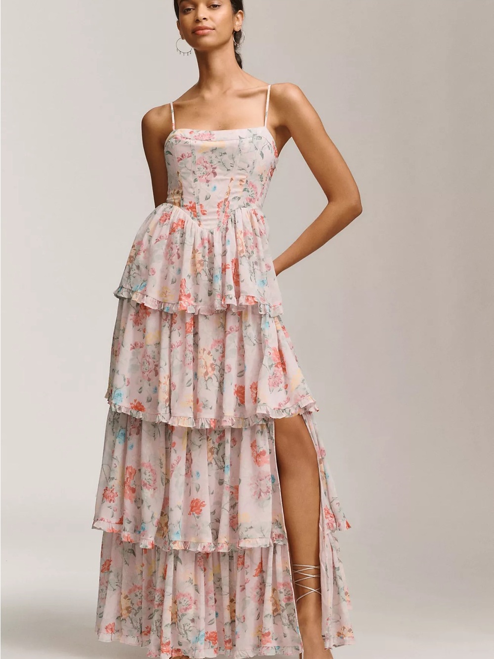 BHLDN Pink Floral Tiered Maxi Dress with Spaghetti Straps